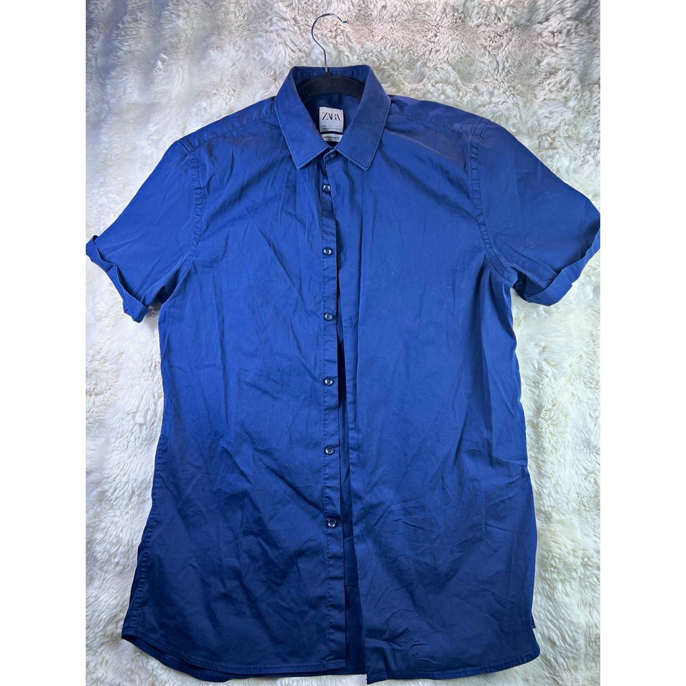 Zara Mens L Blue Solid Super Slim Fit Short Sleeve Point Collar Dress Shirt. A27